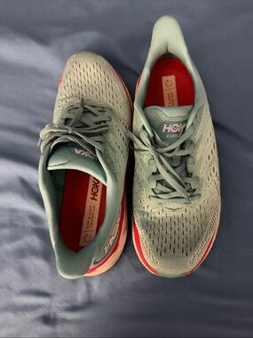Hoka Women's Running Shoes in Light Teal with Coral Accents, 8.5B Clifton